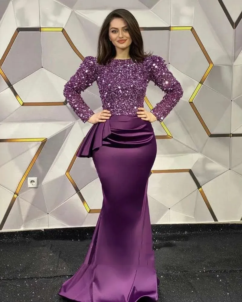 Glitter Purple Sequined Evening Dress For Women Satin Mermaid Long Sleeve  Formal Gown Crew Neck Prom Party Robe De Soiree From Babynice666, $143.58 |  DHgate.Com