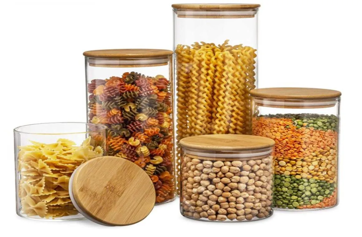 Borosilikatglasburkar med bambu lock mat burkbehållare med lufttätt lock för skafferi lagring och köksorganisation5815812
