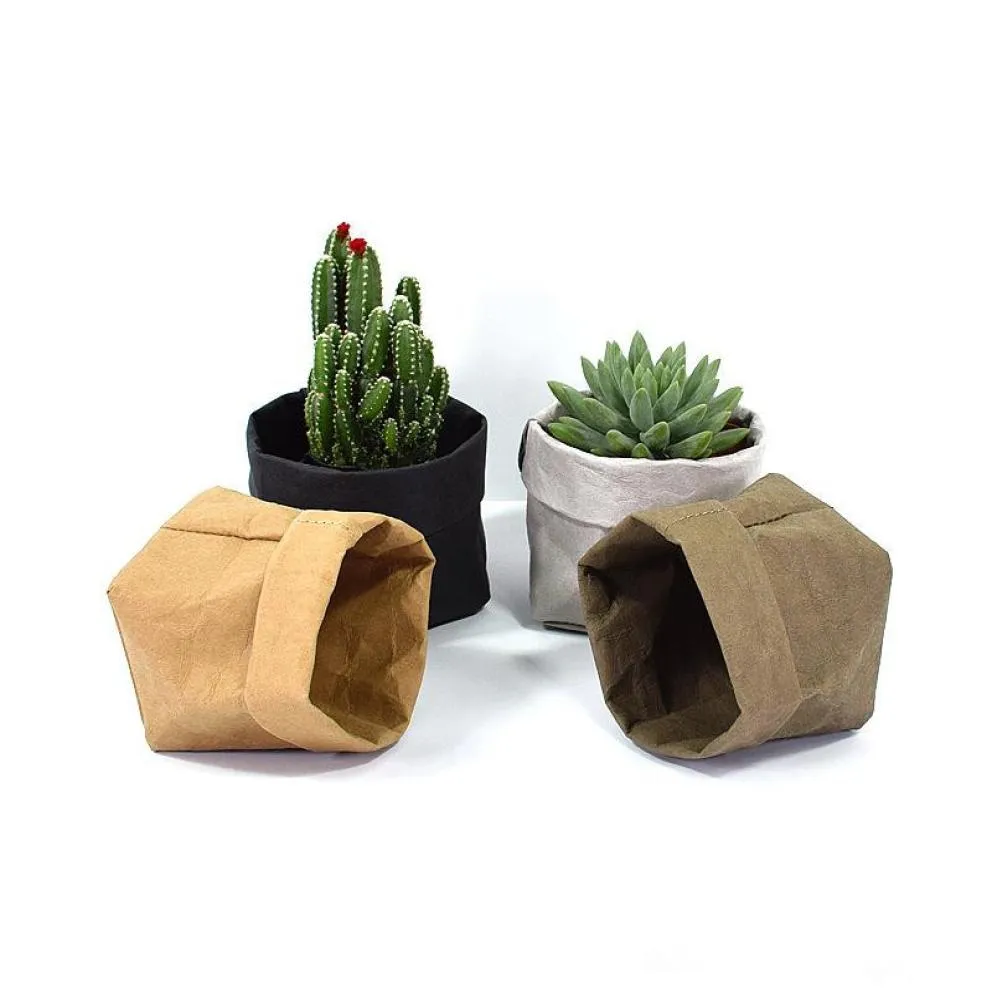 Foldbara krukor Kraft Paper Flowerpot Waterproof 4 Färger Miljö Skydd Planterar Storage Bag Mini Garden Vegetable Pouch 3992031