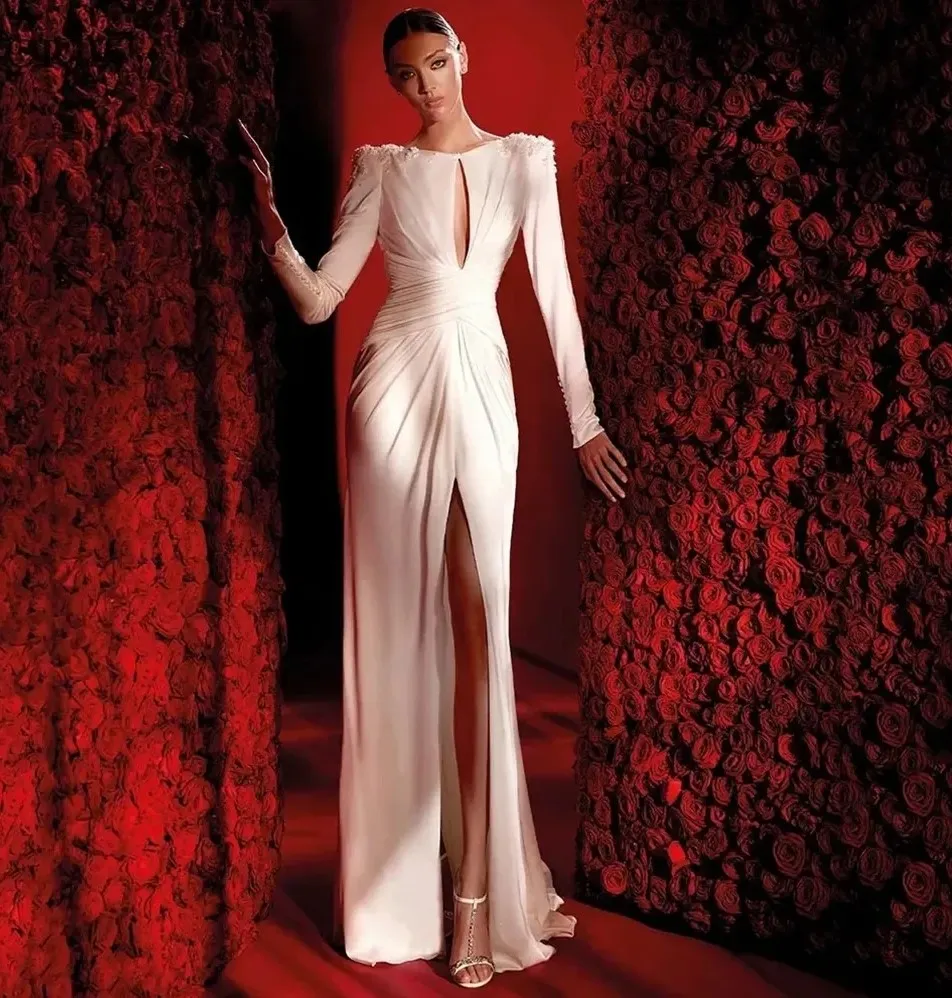 Élégante robe de soirée blanche d'anniversaire 2024 Scoop manches longues coupe basse fleurs 3D doux satin robes de soirée robe de soirée robes de fête