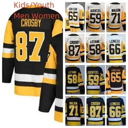 Custom Kids Youth 65 Erik Karlsson Hockey Jerseys 2023 Sidney Crosby Jersey 58 Kris Letang 59 Jake Guentzel 66 Lemieux Evgeni Malkin Black White Men Women Stitched