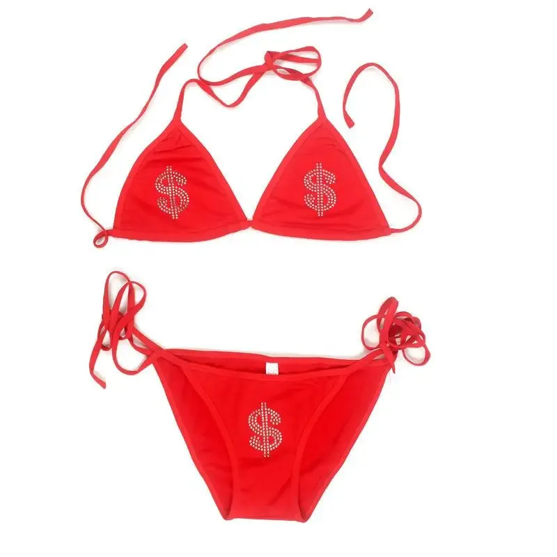 Bikini Set Women Luxury Bling Rhinestone Dollar Letter Sexig baddräkt Halter Push Up badkläder Bikini Set Swimming Underwear 240109