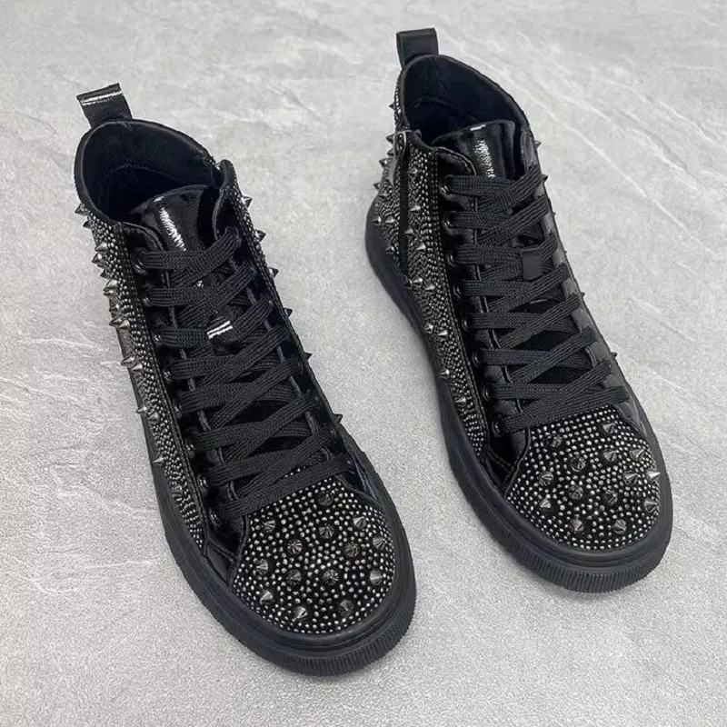 Yeni Erkekler Perçin Rhinestone Punk Rock Nedensel Ayakkabıları İçin Yüksek Üstler Günlük Daireler Spor Yürüyüş Spor ayakkabıları Zapatos Hombre 10A29