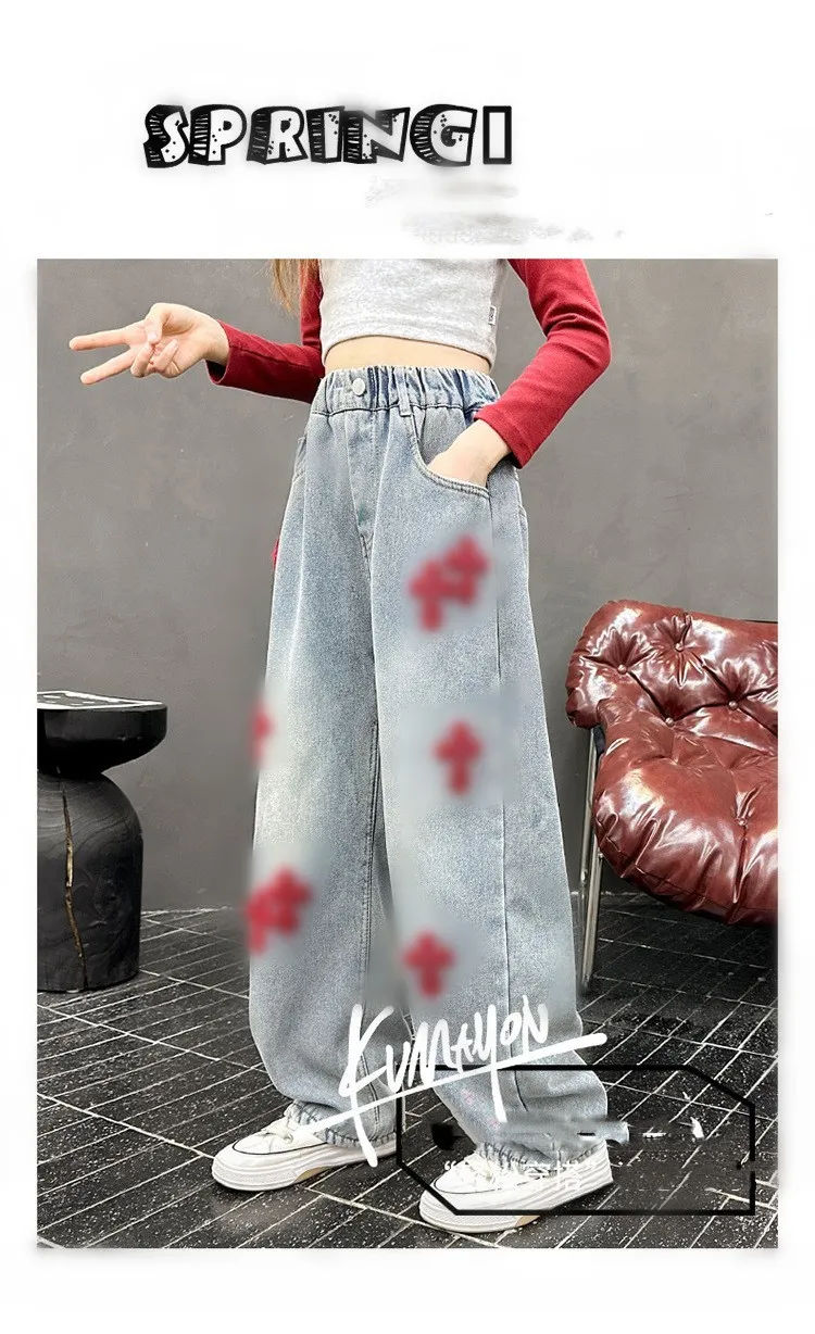 Jean Fille 9-13 Ans Flocons De Neige Brodés - Coupe Décontractée, Tendance, Délavé