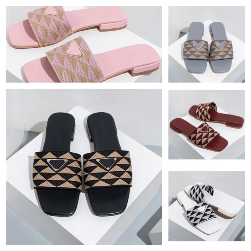 womens embroidered fabric slides black beige classic designer Flat slipper Black Summer lady Triangle Mark leather Slide Embroidered Sandals Fabric Slides