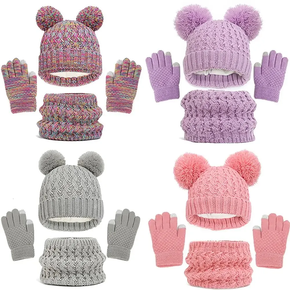 Vinter varm barnhatt halsdukhandskar set barnsliknande tjocka vindtäta barn beanie hatt täck huven halsduk barn 240108