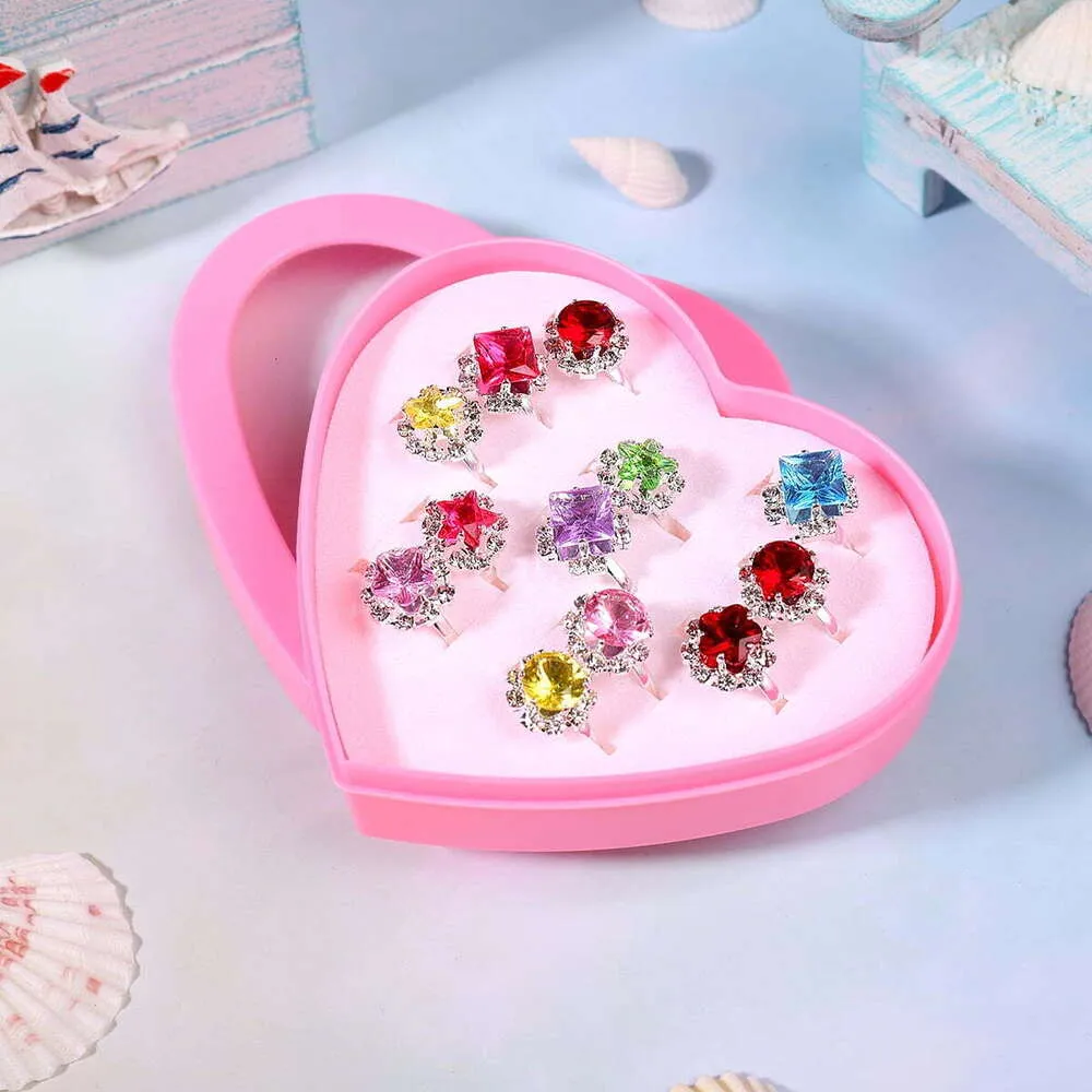 Rings Child Beautiful Colorful Diamante Ring Set Gift with Heart shaped Box for Girls Kids Children