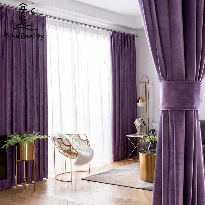 Cortinas nórdicas para sala de jantar, quarto, luz, luxo, veludo, estilo europeu, roxo, cor sólida, janela, feita sob encomenda 240109