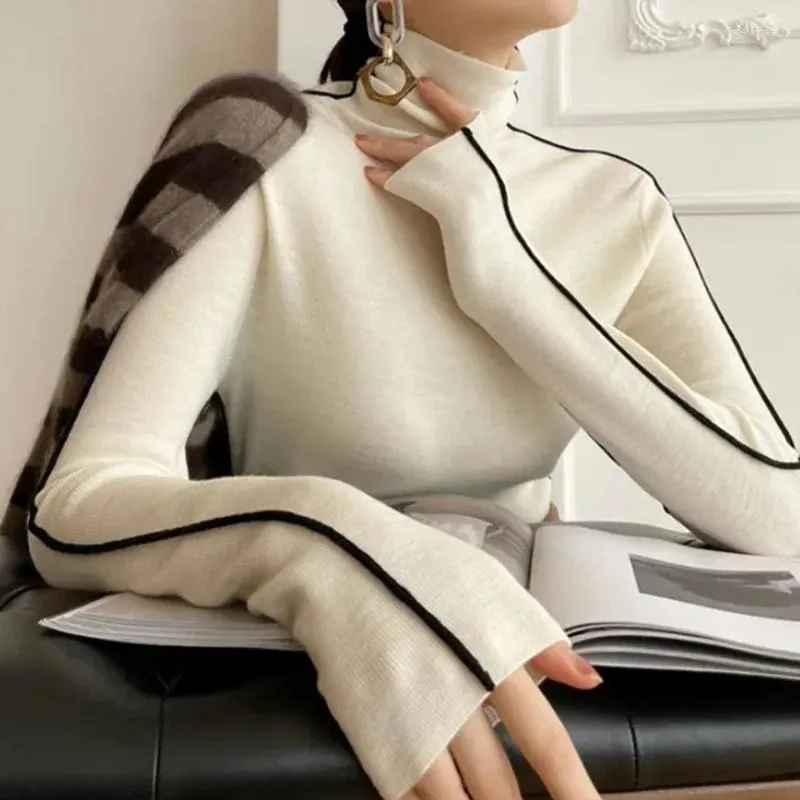 Kvinnors tröjor tröjor kvinnor randig turtleneck varm stickad tröja vår hösten y2k elegant koreansk kontorslady enkel design botten