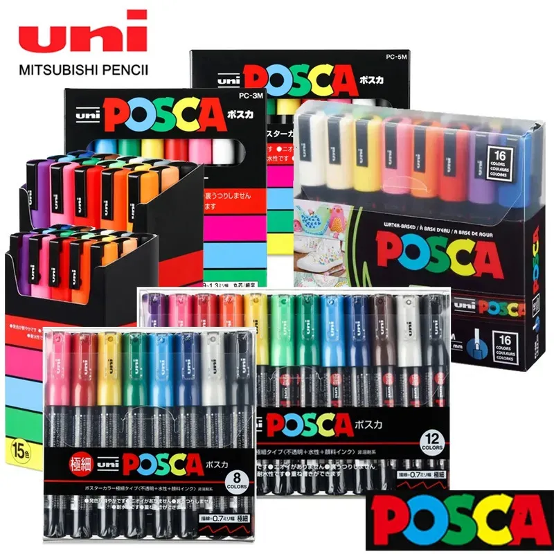 UNI POSCA FALARKA ACRYL MARKERPC-5M PC-3M PC-1M PC-17K PC-8K 7/8/12/15/24/29 Zestaw pakietu Painting Paining Pióry 240108