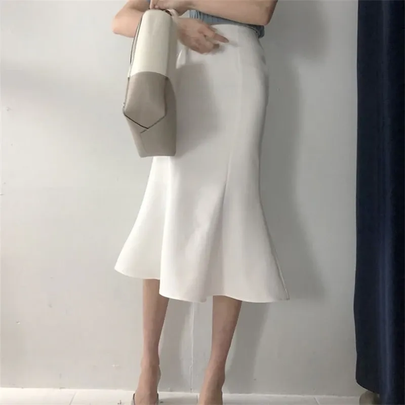 Korean Fashion Summer Skirts Chic Elegant Slim White High Waist Mermaid Long Skirt Women Office Lady Ruffles Wrap Hip