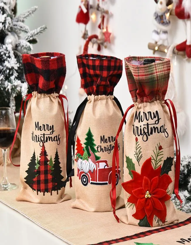 Крышка для бутылки вина, клетчатая сумка из мешковины, домашнее праздничное рождественское украшение, красное вино8371919