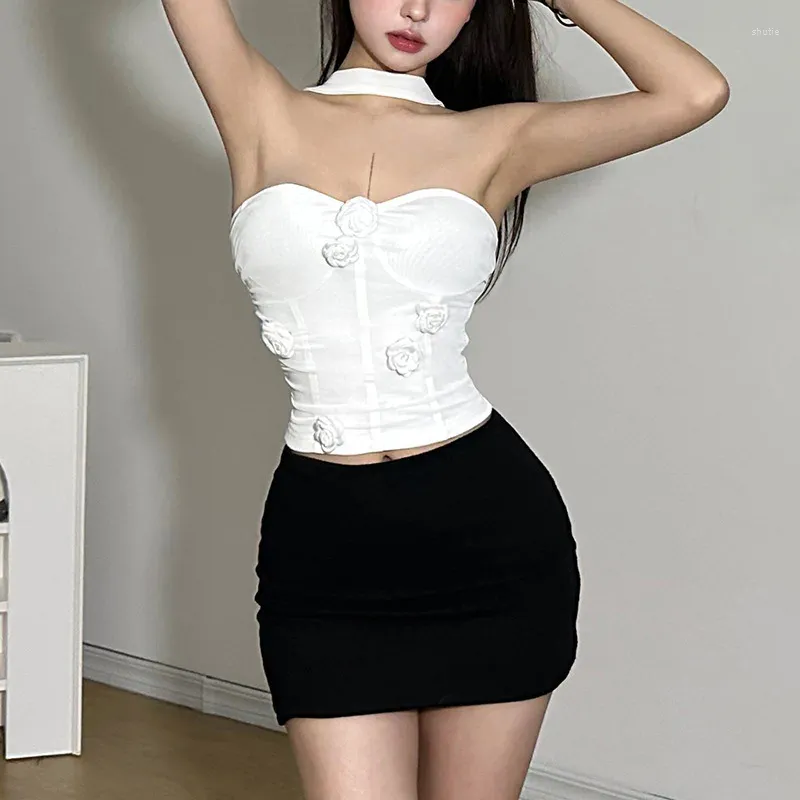 Débardeurs pour femmes 3D Flower Halter Corset Tops Style japonais des années 2000 Y2K Gilet Coqueclothes Sexy Tank Tube Top Camisas Blanc et Noir Couleur