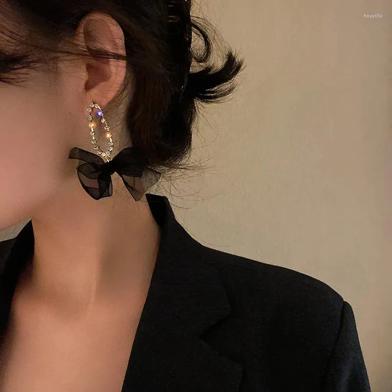 Dangle Earrings Vintage Korean Shinning Rhinestones Bowknot Gold Color Chain Black Lace Cross Knotted Drop For Women Jewelry