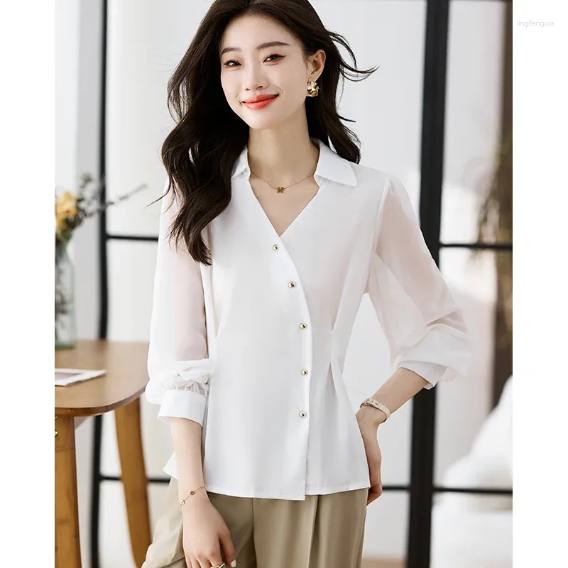 Blusas femininas roupas femininas primavera sólida elegante temperamento trabalho commuting casual solto simples chiffon camisa profissional traje