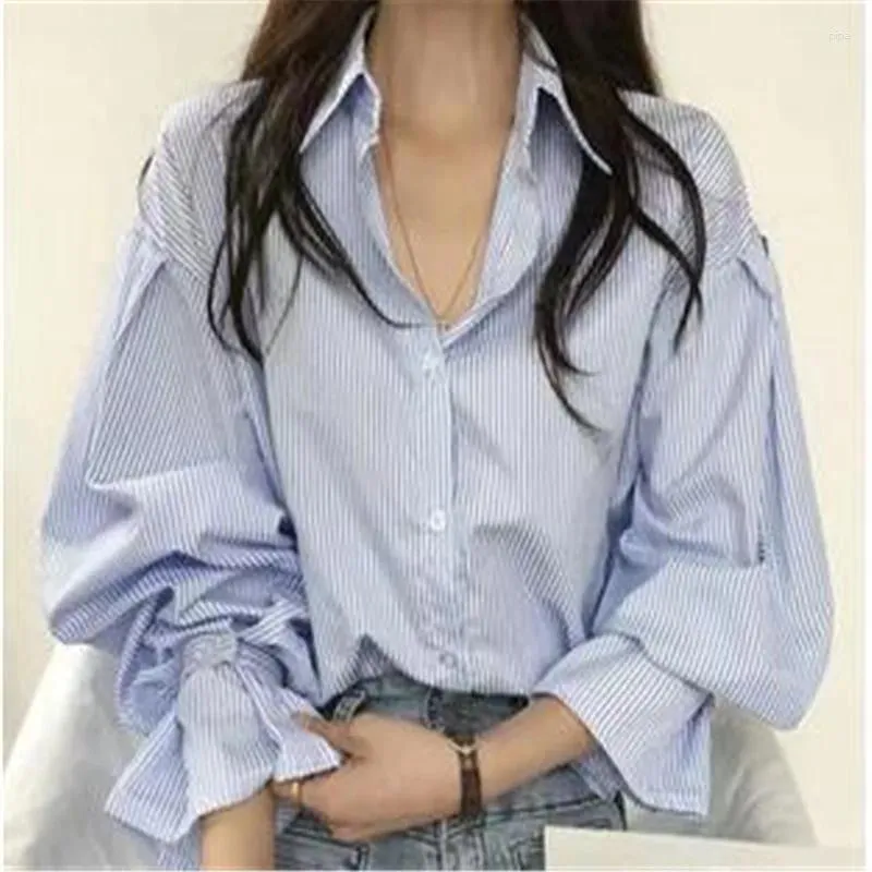 Women's Polos Spring Lantern Sleeve Blue Stripe Shirt Camisas Blusas Mujer Loose Casual Black Top Clothing Blouses Office Lady Shirts