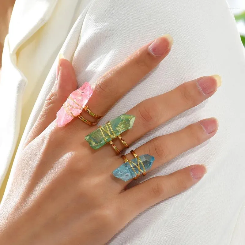 Anéis de cluster na moda irregular abertura de cristal claro para mulheres multicolor artesanal pedra natural ajustável jóias de dedo