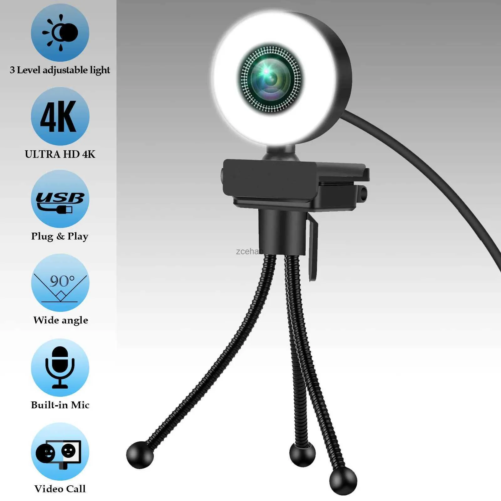 Webbkameror Ny 4K Webcam 2K Full HD Web Camera med Microphone LED Fyll Light USB Web Cam Rotatable för PC Computer Laptop för YouTubel240105