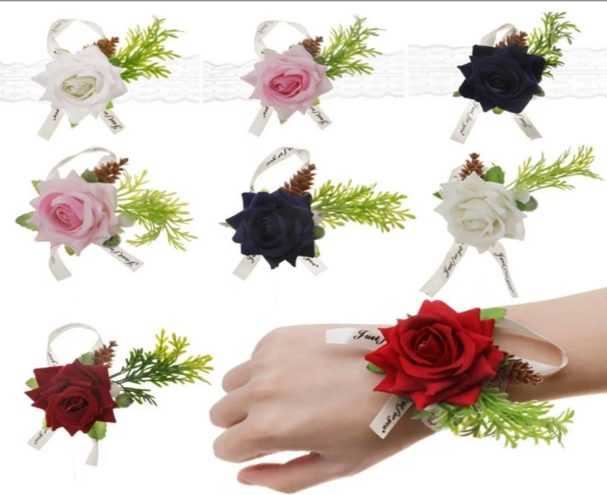 Ramillete de flores para muñeca nupcial, dama de honor, hermanas, flores de mano, boda, graduación, flores de seda artificiales, pulsera 8855178