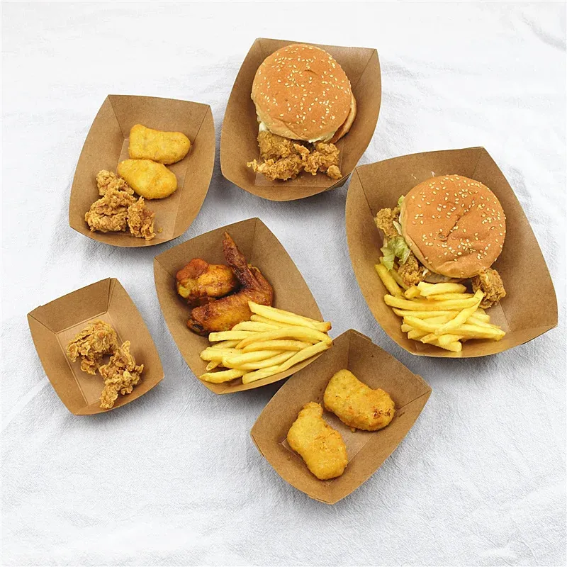 French Fries Burger Snacks Ice Cream Packing Paper Boat Box Rectangular Open TakeOut Container Package Tray Foldfree 240108