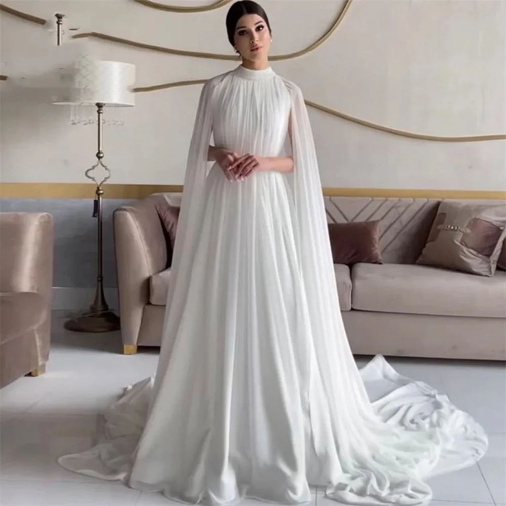 Simple White Chiffon A Line Wedding Dresses Cape Crystals Beaded Jewel Neck Elegant Arabic Dubai Long Bridal Gowns 2024 Bride Reception Dress Court Train