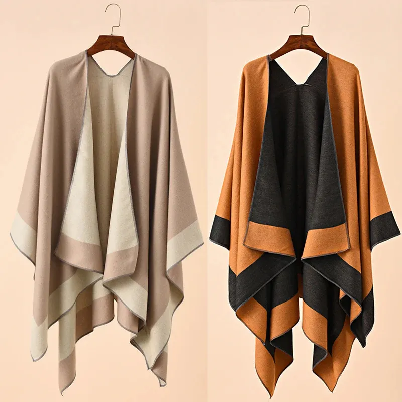 Kobiety Zima Faux Cashmere Grustowana Ponchos Knofry długie modne ciepłe opakowania Elegancka batwing Cardigan Cape Coat 240108