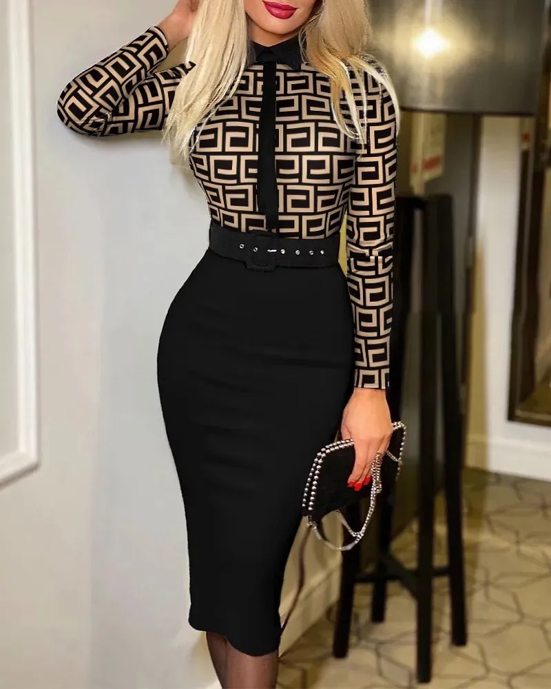 Vrouwen Sexy Elegante Contrast print Lange Mouw Slanke Lange Jurk met Riem Dame Wrap Heupen Bodycon Party Avondjurken Clubwear Ve 240109