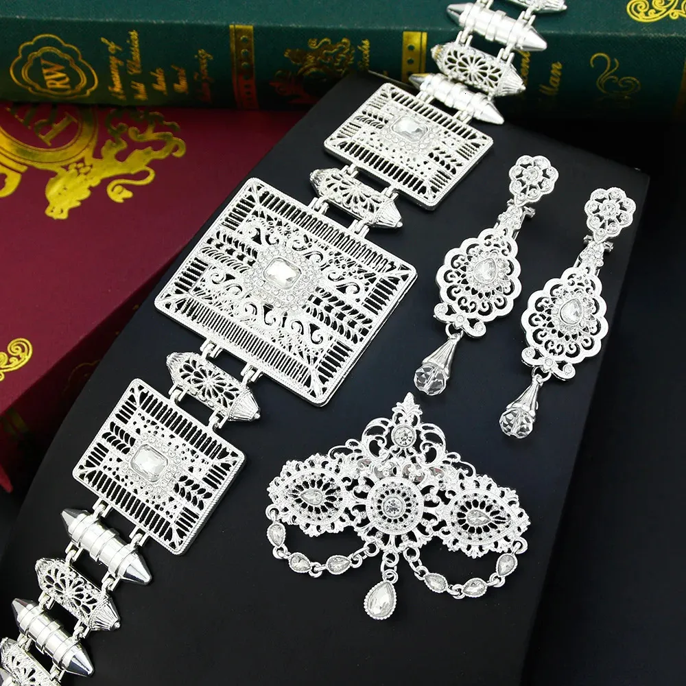Sunspicems Silver Color Marocko Bride Jewelry Set Caftan Belt Flower Crystal Brosch Long Drop Earring Marockan Midje Chain Belt 240109