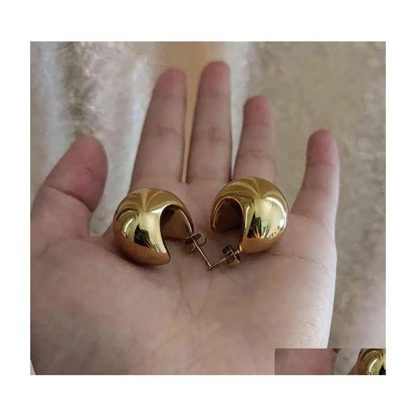 Hoop Huggie Half Moon Sphere Thick Chunky Gold Earring Rostfritt stål för kvinnor Chic Vintage Empty Lightweight 220108 Drop Delive263s