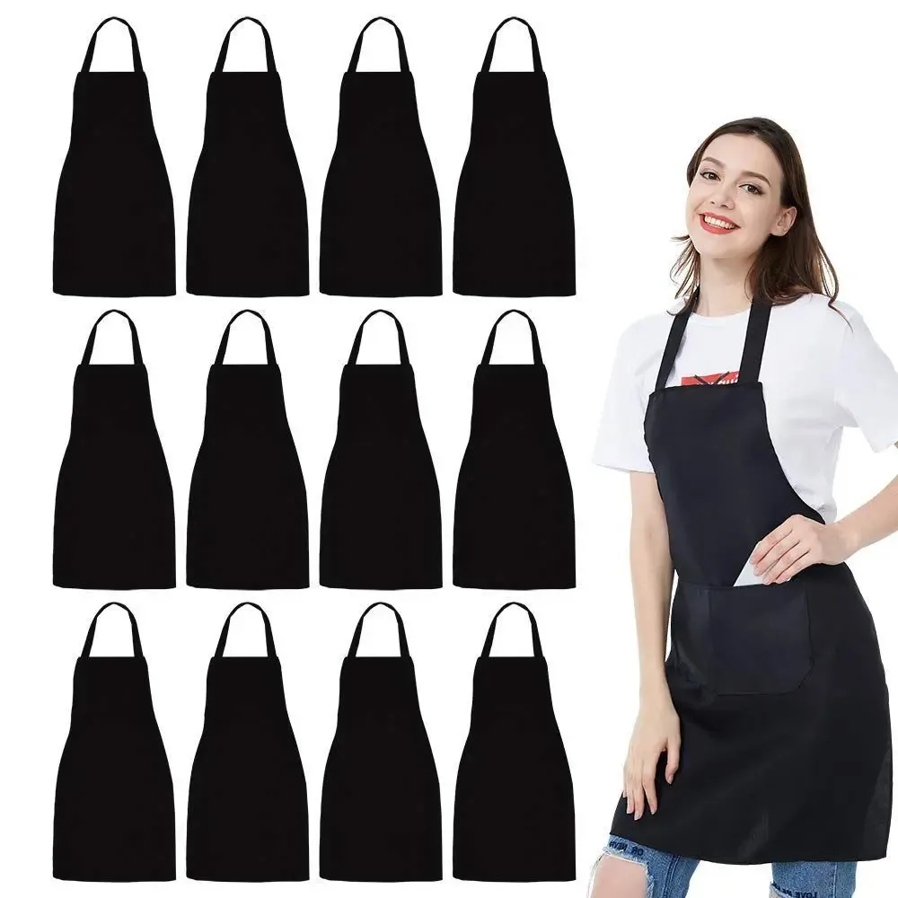 12 Pack Bib Förkläde - Unisex Black Apron Bulk med 2 rymliga fickor Maskin tvättbar för kökshantverk BBQ Ritning 240108