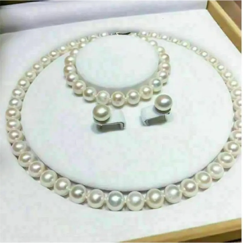 selling AAAA 910mm Akoya white pearl necklace bracelet earring set in 14k gold 240108