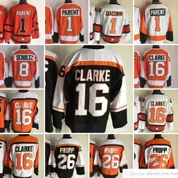 1980 Movie Vintage Hockey 1 Bernie Parent Jerseys CCM Embroidery 8 Dave Schultz 16 Bobby Clarke 26 Brian Propp Jersey White Oraneg Black