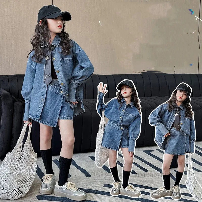 فتيات Big Girls Denim مجموعات قميص Teenager Long Sleeve مع تنورة عالية الخصر غير منتظمة 2pcs 2024 ربيع الأطفال الضيقة رعاة البقر Z6606