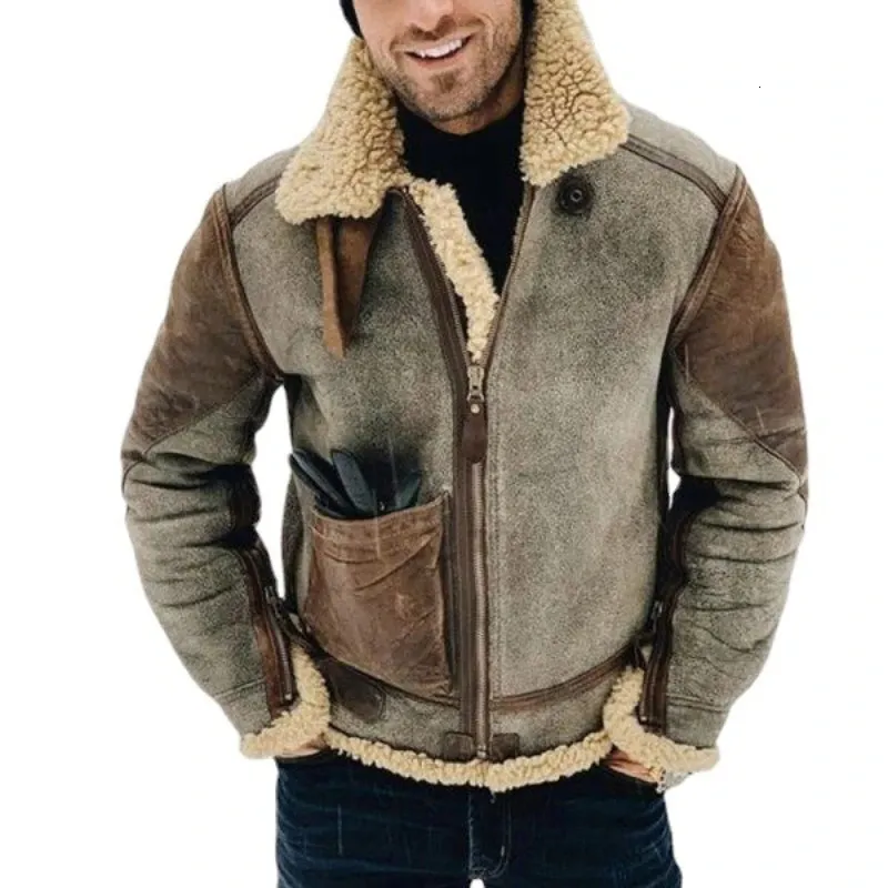 Cappotto vintage da uomo in finta pelle scamosciata in peluche, cappotto integrato in pelliccia, giacca con cerniera addensata, giacca bomber, abbigliamento da moto 240108