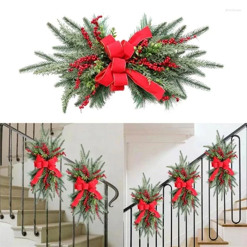 Decoratieve Bloemen Kerst Trap Krans Met Dennenappels Strik Hangende Trap Slingers Voor Voordeur Decoratie Winter Feestcadeau