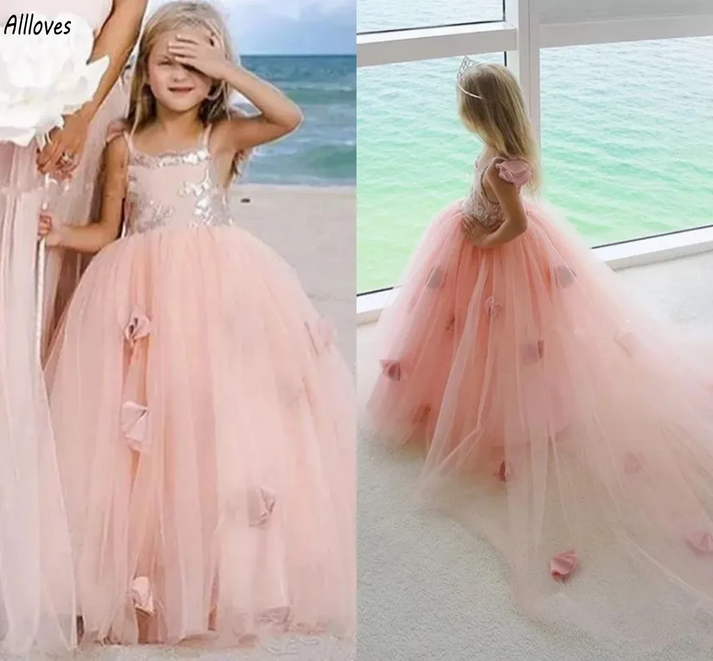 Vestidos de menina de flor de tule rosa claro para casamento alças finas flores 3D vestido de baile de princesa para meninas ocasião formal de aniversário vestido de primeira comunhão CL3181