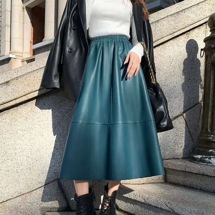 Skirts Vintage Ropa Winter Women Genuine Leather Thin A-line Pleated Skirts Femme Wine Red/black 65cm Long Jupe Mujer Casual Etek Steet 230413