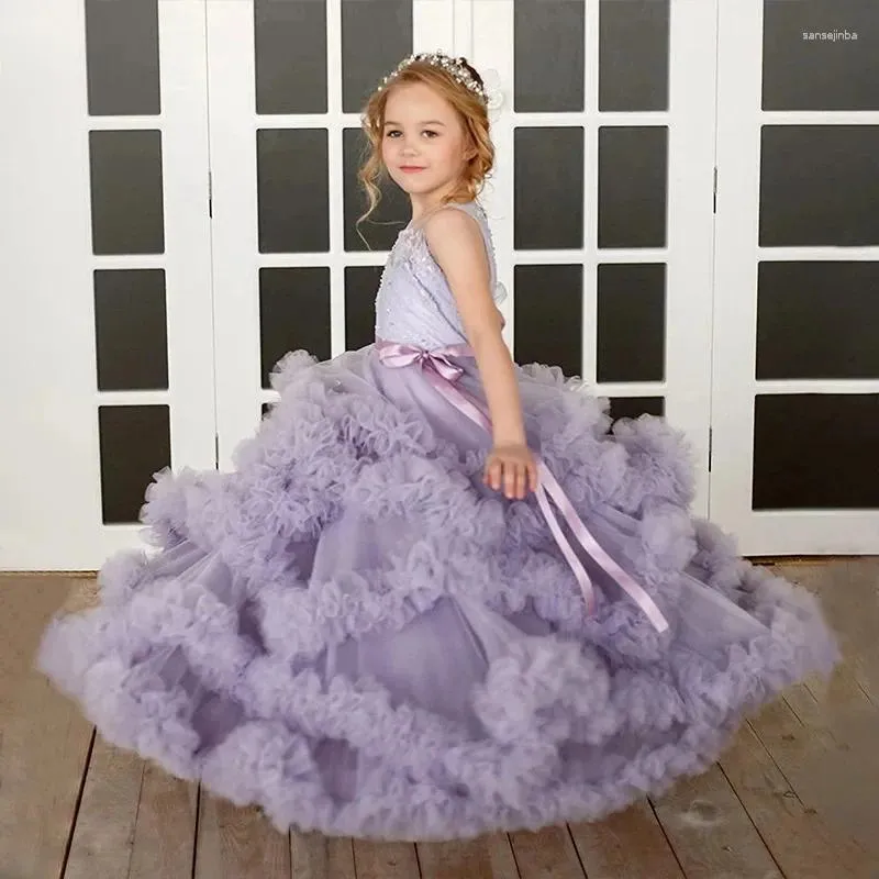 Girl Dresses Flower Dress For Wedding Tulle Tiered Ruffles Floor Length Sleeveless Belt Bow Child First Eucharistic Birthday Party