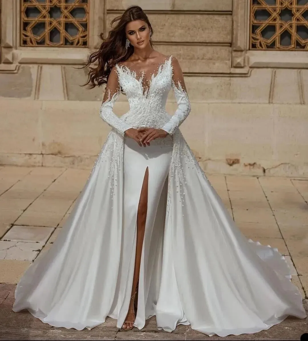 Fashion Pearl Mermaid Wedding Dresses Sequin Bridal Gowns Detachable Train Long Sleeve Side Split Sweep Train Vestido De Novia