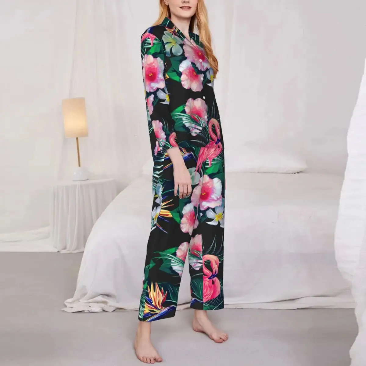 Pękama kobiet leśne liście palmy pokój pokój snu kwiatowy i flamingowy nadruk dwuczęściowy piżama zestawów długoterminowych garnitur domowy 240108