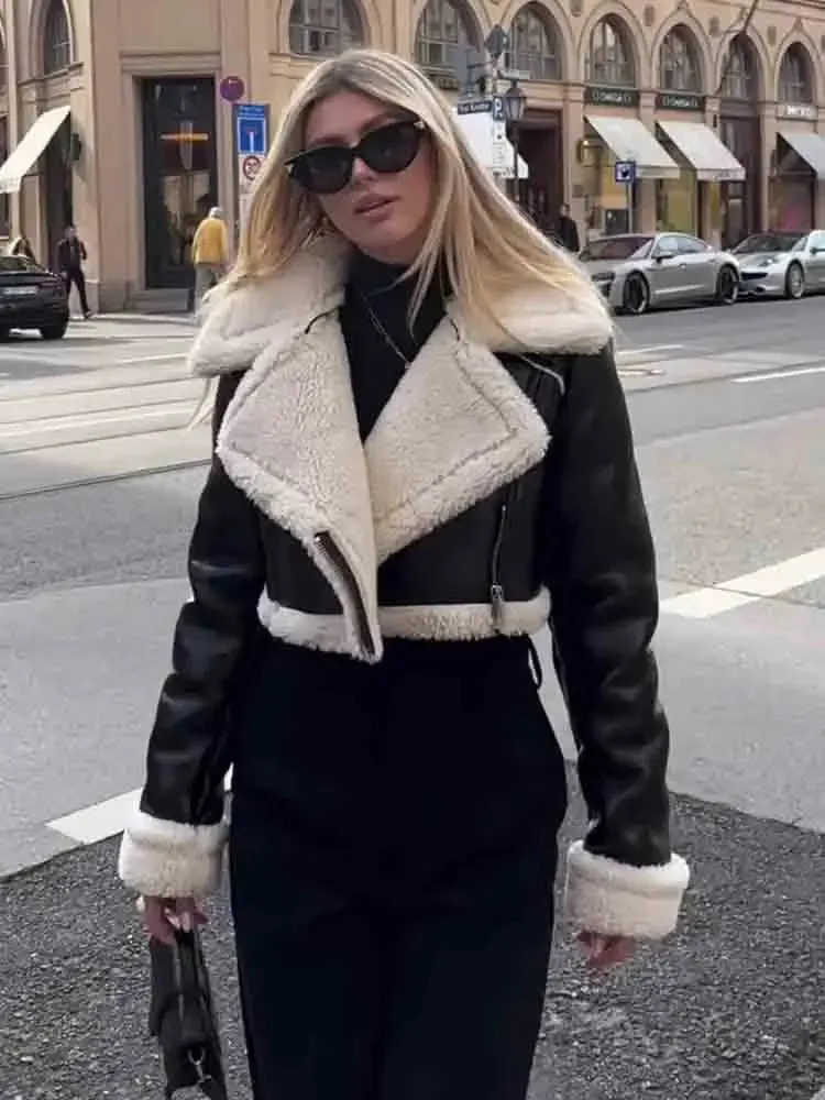 Klkxmyt traf kvinnor 2023 mode tjock varm faux shearling skördjacka kappa vintage långärmad blixtlås kvinnlig ytterkläder chic toppar 240108