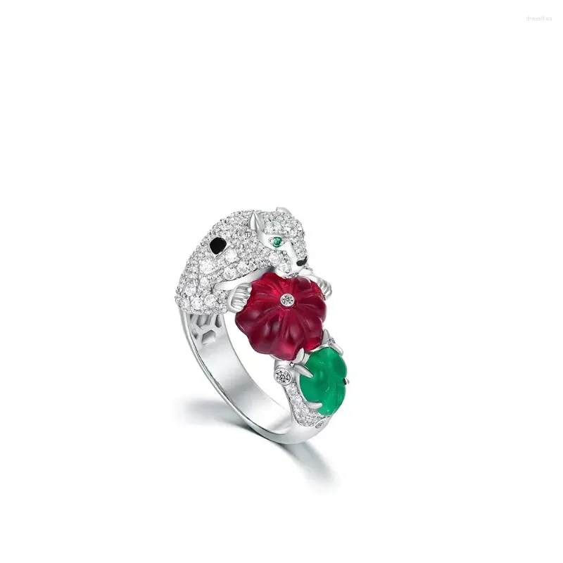 Anelli a grappolo ZOCA Anello fatto a mano con smeraldo unico Fiore Albero Foglia Design Gemma Gioielli Puro argento sterling 925 per le donne