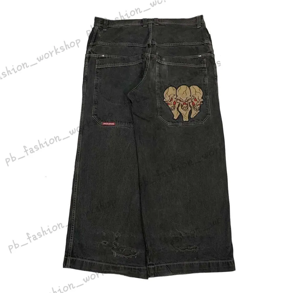 Herr jeans jnco streetwear hip hop retro skalle grafisk broderi baggy svarta byxor män kvinnor harajuku gotiska breda byxor 214