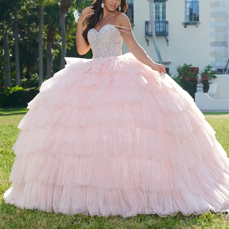 Vestido de fiesta rosa de lujo Vestidos de quinceañera 2024 Cuentas de cristal Tull Volantes escalonados Vestidos mexicanos dulces 16 Vestidos de 15 años con cordones