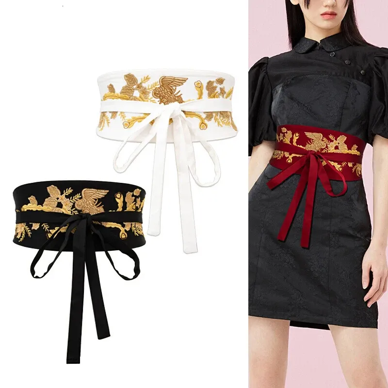 Women's Embroidered Vintage Waist Wide Japanese Self Tie Wrap Around Obi Band Cinch Boho Belt Fabric Dress Belts 240109