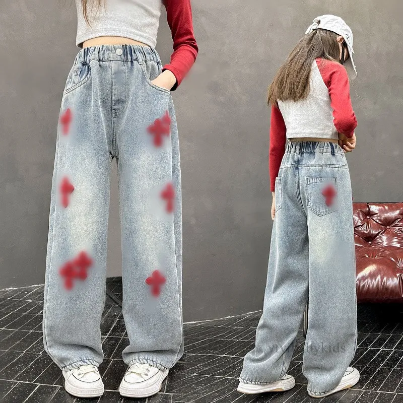 Big Girls flowers towel embroidery jeans kids straight wide legs pants 2024 spring teenagers loose casual cowboy trousers Z6601