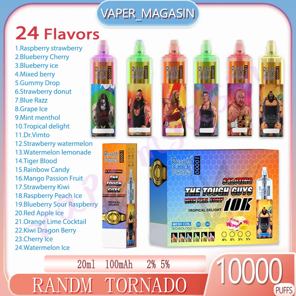 Meilleure vente RandM Tornado 10000 Puff Jetable E Cigarettes 0.8ohm Mesh Coil 20ml Pod Batterie Rechargeable Électronique Cigs 10K Puffs 2% 5% RBG Light Vape Pen