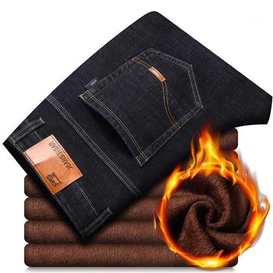 Мужские джинсы, мужские зимние плотные теплые флисовые джинсовые черные деловые повседневные брюки высокого качества, мужские эластичные прямые длинные 254F