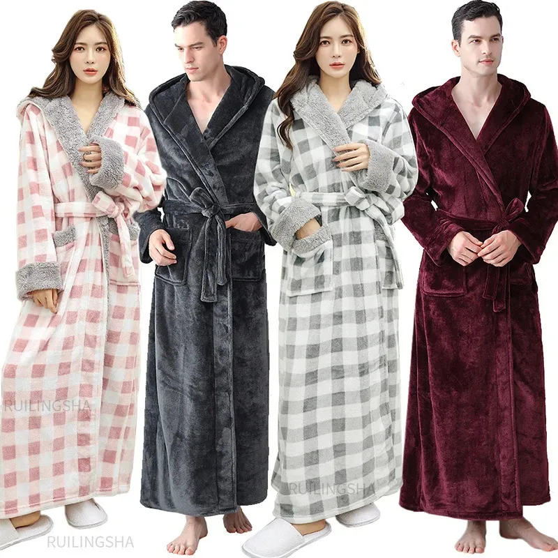 Vrouwen Winter Lange Warme Flanellen Badjas Mannen Capuchon Plaid Plus Size Coral Fleece Kimono Gewaden Lange Mouw Badjas Pijamas 240109
