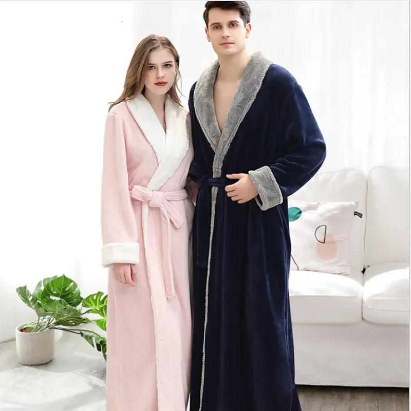 Men long Warm Flannel Bathrobe 40-100 KG Men Winter Coral Fleece Bath Robe Night Sleepwear Women Dressing Gown Cozy Robes 240104